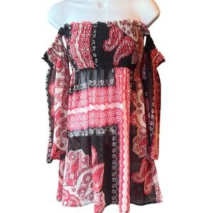 Dries Van Noten Sheer Off Shoulder Boho Patchwork Bandana Print‎ Mini Dress L